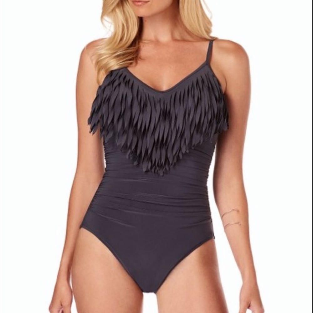 Magicsuit Blaire One-Piece Swimsuit Sz 12 Gray Fringe Ruched Slimming‎ Underwire